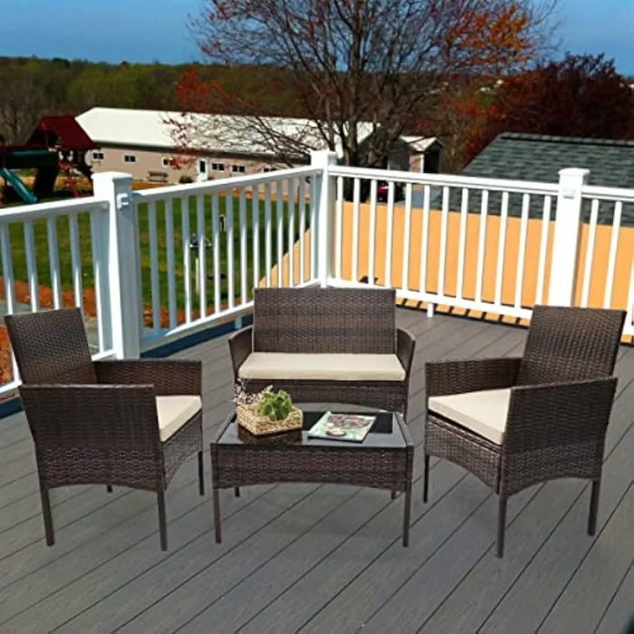 4 Pieces Porch Backyard Garden Outdoor Furniture Rattan Chairs and Table Wicker Conversation Set With Beige Cushions Sets Patio