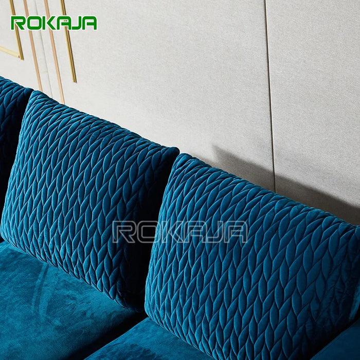 New Design Tufted Sofa Gold Stainless Steel Living Room Furniture Sets 6 Seater Sofa Set Modern Velvet Fabric Sofa