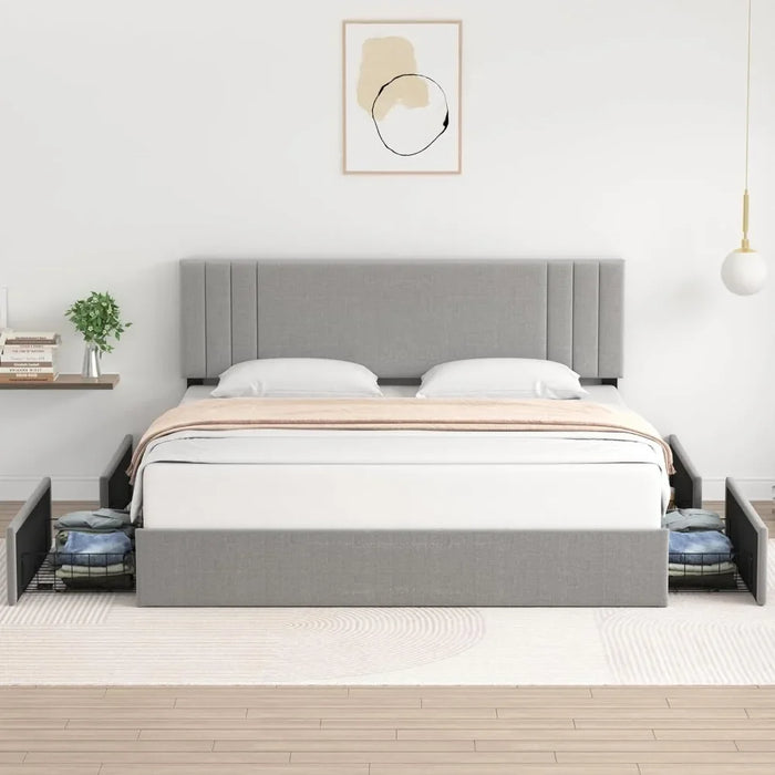Bed Frame, Upholstered Large with 4 Storage Drawers and Adjustable Headboard, Sturdy Plank Support, Platform Bed Frame