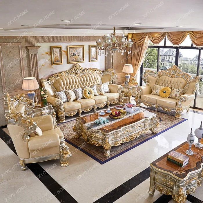 Sofa Leather Solid Wood High-End Villa Living Room Set Solid Wood Carved Large Apartment