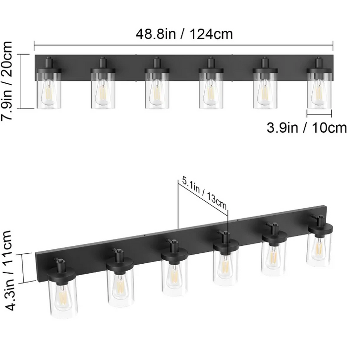 Aipsun 48in Vanity Light Black Bathroom Vanity Lighting Fixtures 6 Light Bathroom Light Fixtures with Clear Glass
