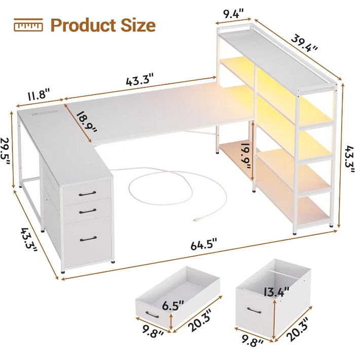SEDETA L Shaped Computer Desk, Reversible U Shaped Home Office Desk with 3 Fabric Drawers and Storage Shelves, L Shaped Desk wit