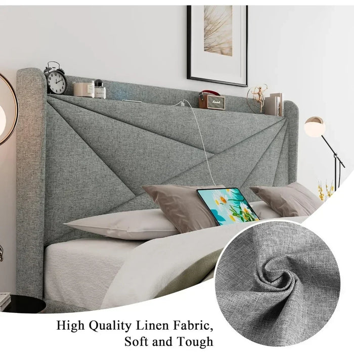 Upholstery with Type-C and USB Ports, Headboard with Wingback Storage, Noiseless, No Springs, Light Grey
