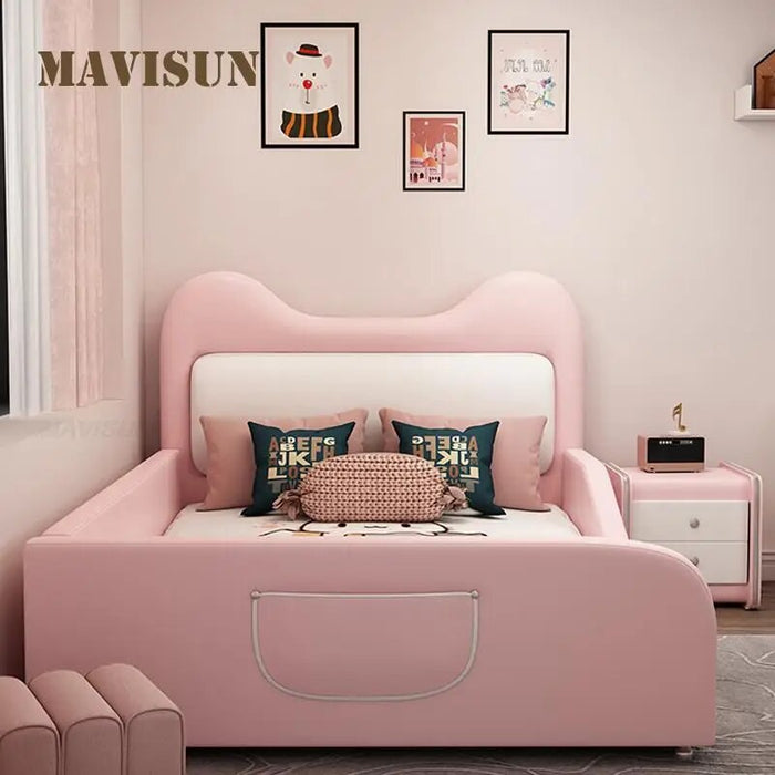 Princess Children Beds Pink Girl Cartoon Cat Creative Single Leather Children Beds Guardrail Cama Infantil Bedroom Furniture