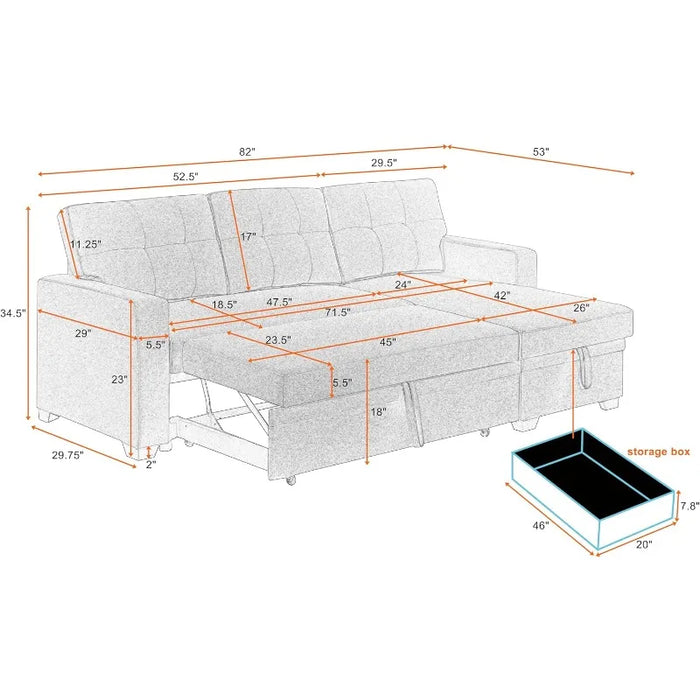 L-Shaped 3-Seaters Corner Sectional Sofa W/Pull Out Sleeper Couch Bed and Reversible Storage Chaise, Modern Convertible Sofabed