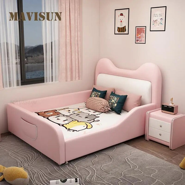 Princess Children Beds Pink Girl Cartoon Cat Creative Single Leather Children Beds Guardrail Cama Infantil Bedroom Furniture