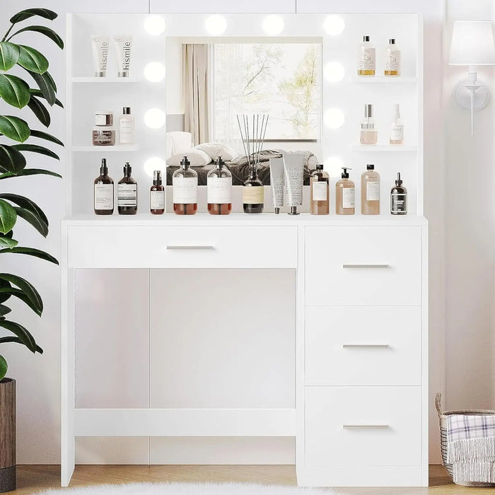 Vanity Desk, Makeup Vanity with 10 LED Lights & 4 Drawers,Brightness Adjustable, Dressing Table Desk with 6 Shelves,Vanity Table