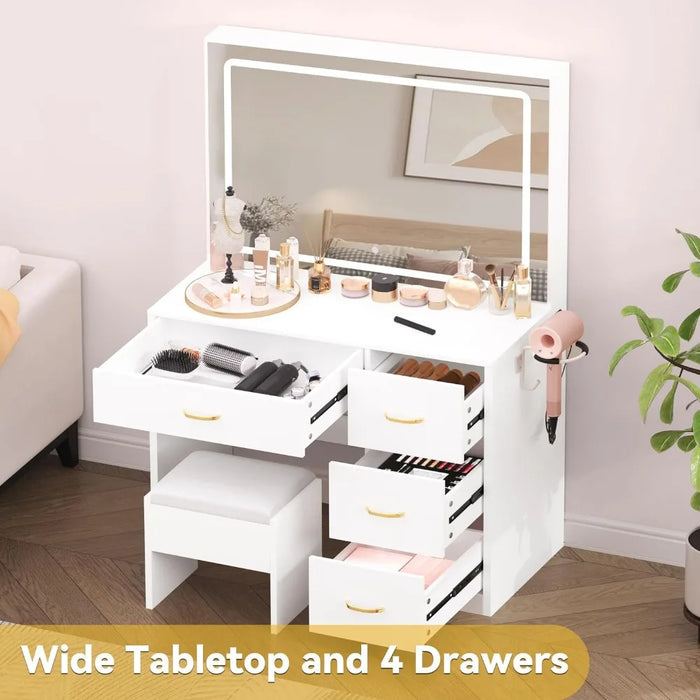 Makeup Vanity Desk with Large Lighted Mirror with Power Outlet and LED Strip, Milky-White