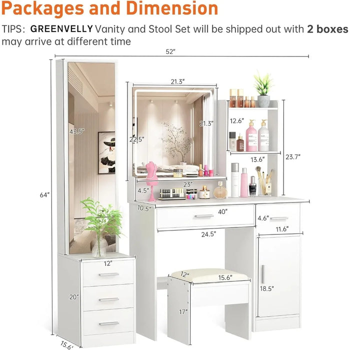 Dresser, Make-up Dresser with Illuminated Mirror, with Stool Set, with Drawer, with 3 Lighting Modes, Dresser Set