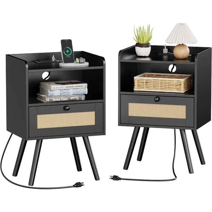 SUPERJARE Nightstands with Charging Station,Bedside Table Set of 2 with PE Rattan Drawers,Rattan Side Table with Storage & Solid