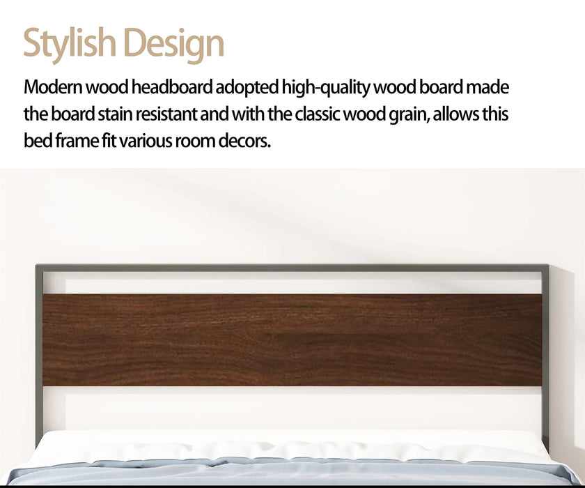 [Flash Sale]King/Queen Size Ceres Metal Bed Frame Black with Walnut/Cinnamon Wood Headboard&Footboard[US-W]