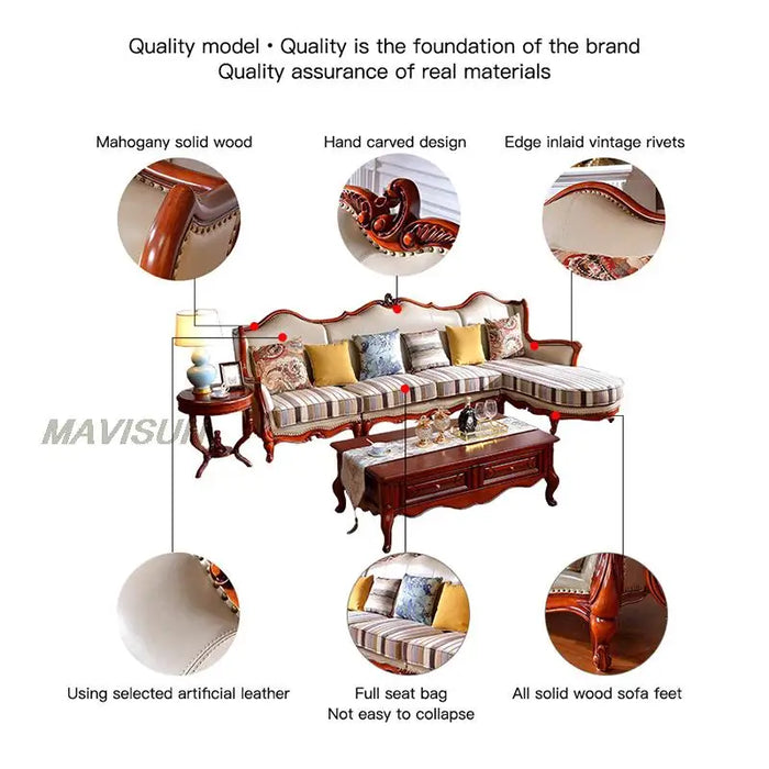 Living Room Reception Guests Sofa American Light Luxury Solid Wood Simulation Leather l-Shaped Simple Carved Furniture Sofa