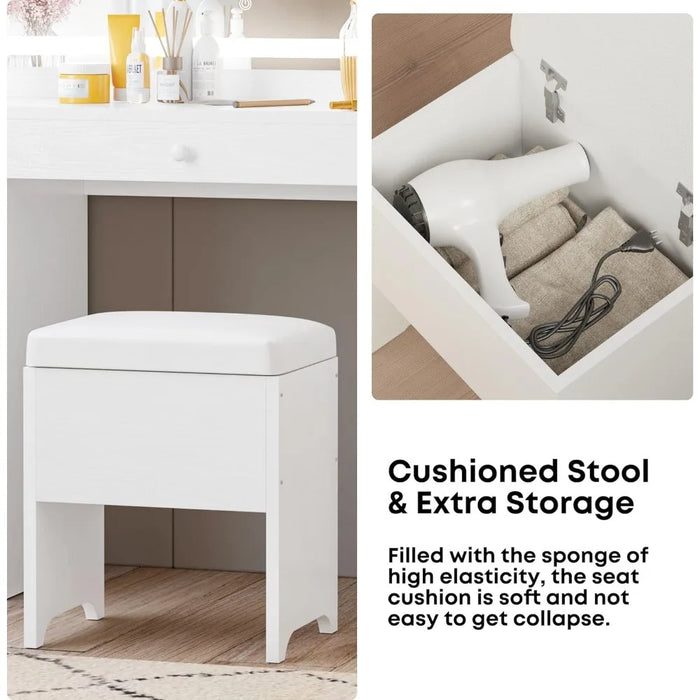 Makeup table with LED illuminated mirror and power socket, 7-drawer makeup table with stool,bedroom use,white,dressing table set