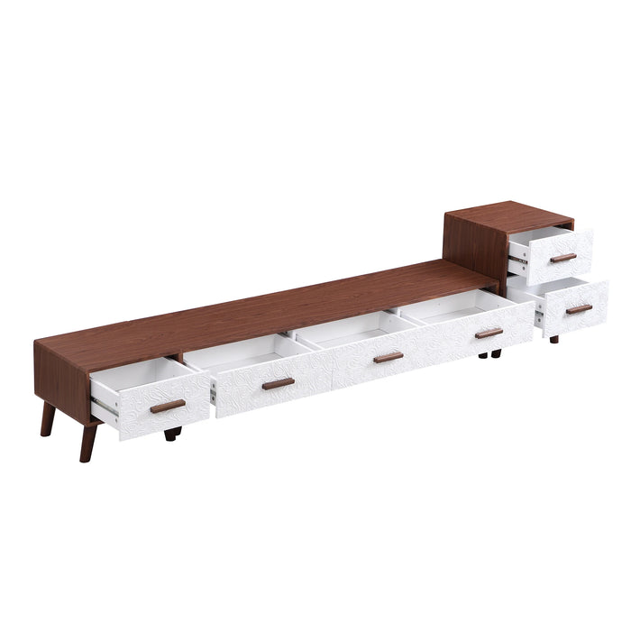 3-Piece Set: TV Stand & 2 End Tables with Drawers, Embossed Patterns, Brown+White - Elegant Living Room Ensemble