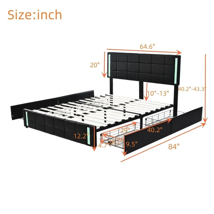 Platform Bed with LED Lights and USB Charging, Storage Bed with 4 Drawers, Black