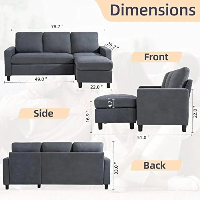 Convertible Sectional Sofa Couch, Modern Linen Fabric L-Shaped , 3-Seat Sofa Sectional with Reversible Chaise  (Dark Grey)