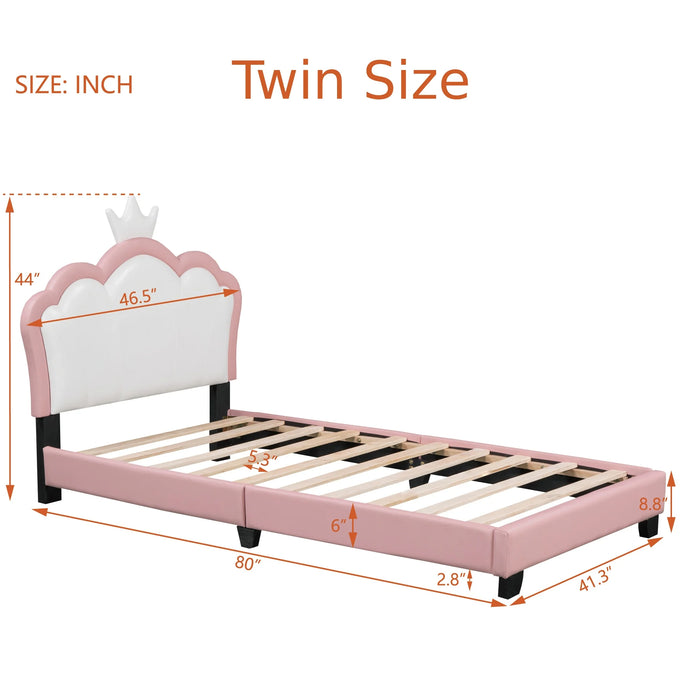 [Flash Sale]Full/Twin Size Upholstered Princess Bed With Crown Headboard&Footboard PU Platform Bed Frame White+Pink[US-W]