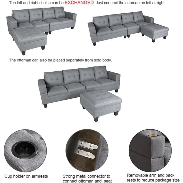 Nailhead Trim Sofá for Apartments Sofa L-Shape Corner Couch With Storage Ottoman Living Room Sofas for Home Light Gray Bed
