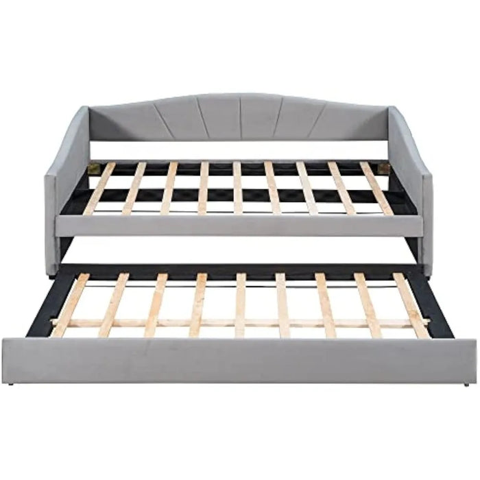 GJHOME Upholstered Daybed Sofa Bed Twin Size with Trundle Bed and Wood Slat,Gray