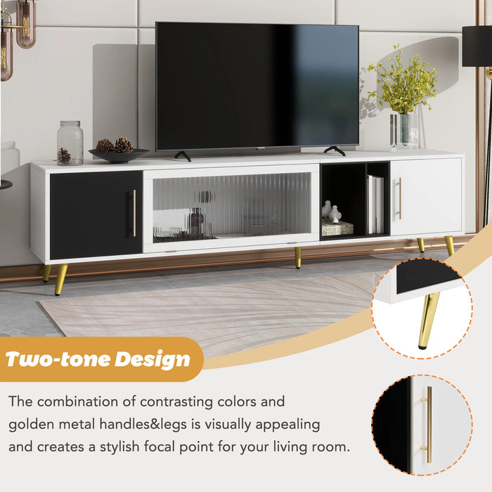 Stylish TV Stand W/Golden Metal Handles&Legs&Removable Compartment 2-Tone TV Cabinet Fluted Glass Door Media Console for 80" TVs