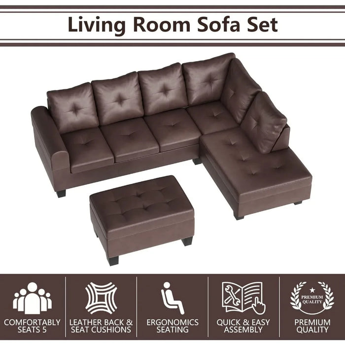 Sectional Sofa, L Shape Sofa, Right Recliner and Storage Footstool, Small PU Leather Living Room Sofa Sectional,