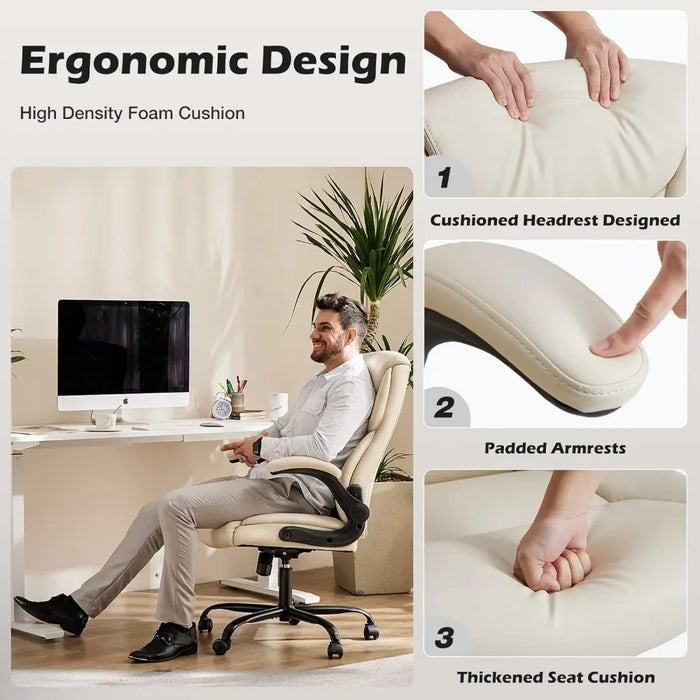 High Back Big and Tall Leather Office Desk Chairs with Flip Up Arms Lumbar Support, Adjustable Height,Wheels, Soft Padded, Cream