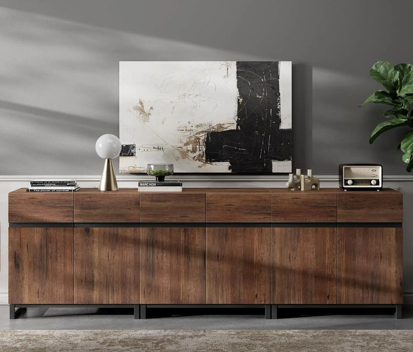 Modern TV Stand for TVs up to 100 inch, 3 in 1 Entertainment Center Console with Adjustable Shelves and Metal Base,Brown