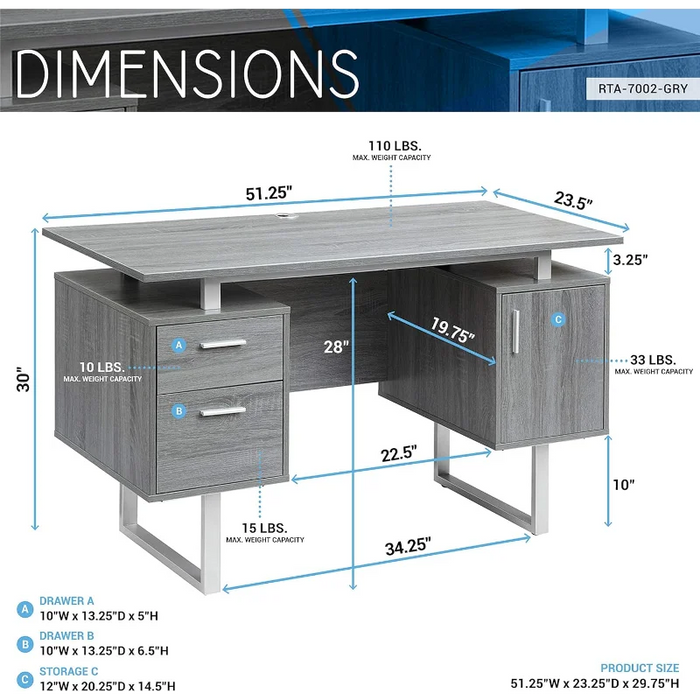 Modern Office Desk with Storage, Gray