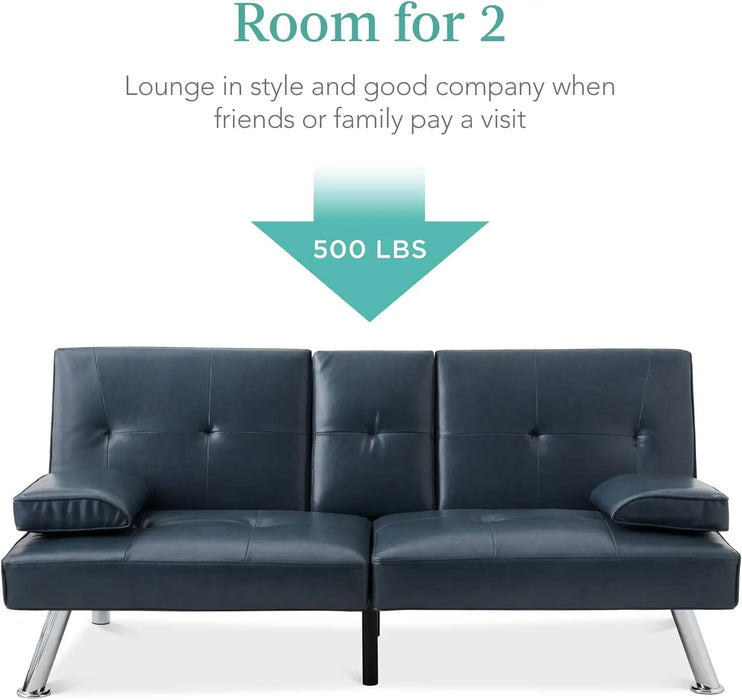Faux Leather Upholstered Modern Convertible Futon, Adjustable Folding Sofa Bed, Guest Bed w/Removable Armrests