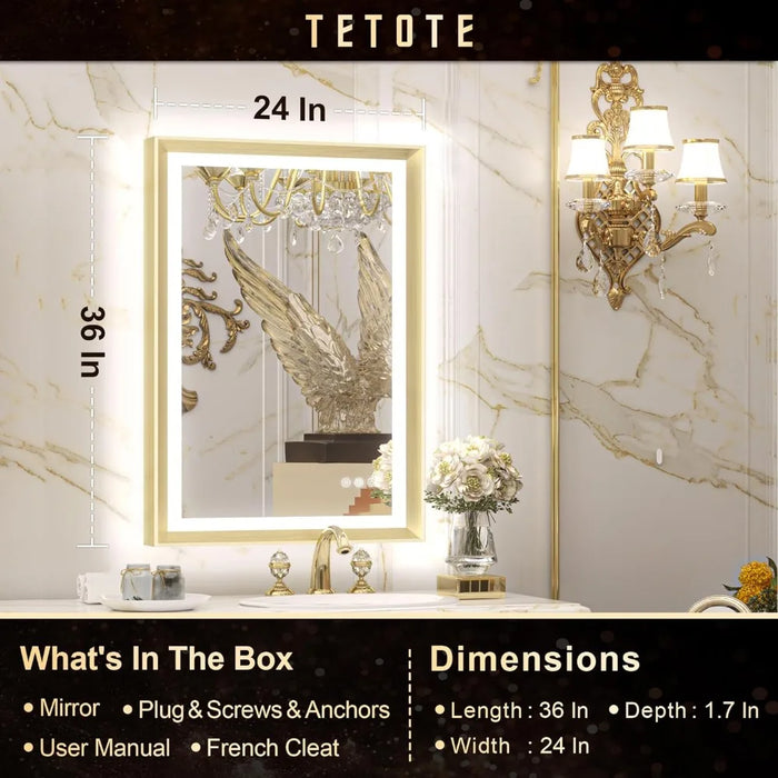 Bathroom Mirror, 24x36 Front And Back Light Makeup Mirror Frame, Baroque Anti Fog Stepless Dimming White, Bathroom Mirror