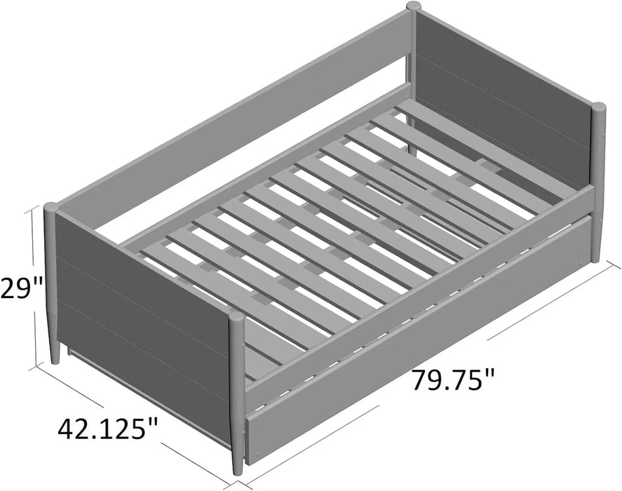 Mid-Century Modern Daybed-Trundle Set/Solid Wood/Panel Headboard/Mattress Foundation has 14 Wood Slats & Center Support