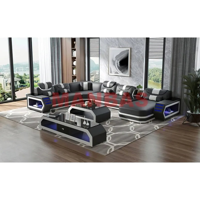 Linlamlim Italian Genuine Leather Sectional Sofa with LED Lights | Futuristic Furniture U Shape Couch Living Room Big Sofas Set