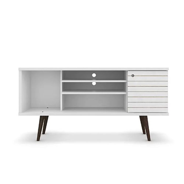 BOUSSAC 53.14" Mid Century - Modern TV Stand with 5 Shelves and 1 Door with Solid Wood Legs, White
