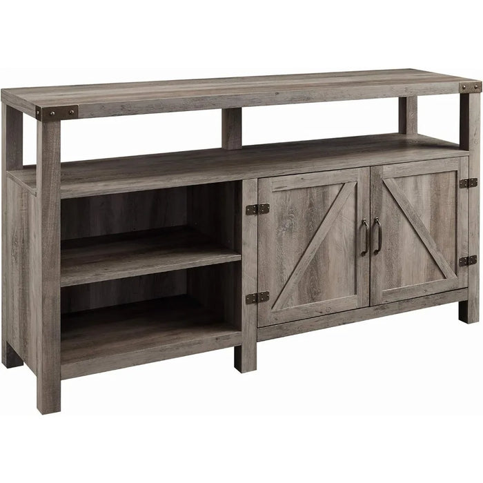 TV cabinet, modern farmhouse double barn door Highboy storage TV stand, suitable for TVs 65 inches, 58 inches and below, gray