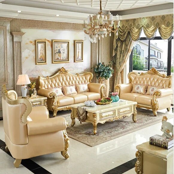 Italian sofa set design 1+2+3 seat living room furniture Gold luxury genuine leather living room sofas