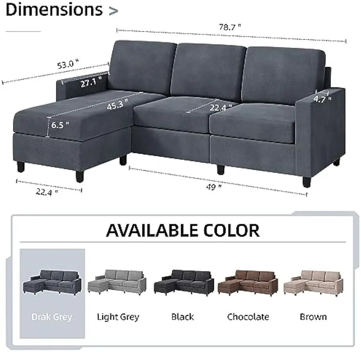 Modern Linen Fabric L-Shaped , 3-Seat Sofa Sectional with Reversible Chaise for Living Room, Apartment and Small Space