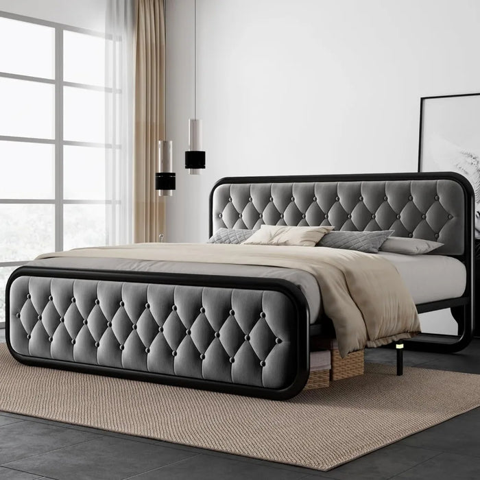 Noise-Free King Size Bed Frame Heavy Duty Bed Frame With Faux Leather Headboard Bedroom Furniture 12" Under-Bed Storage Black