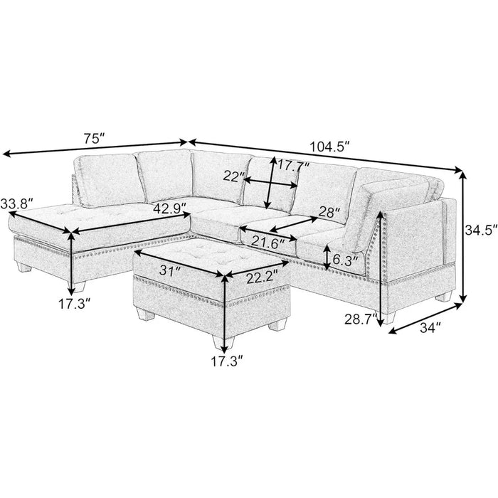 L Shaped Sofa Footstool, Sofa Set, Reversible Lounge Chair, Suitable for Living Room, Apartment, Office,