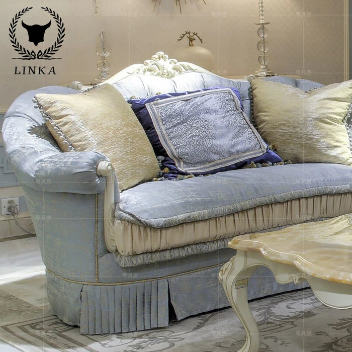 French neoclassical cloth sofa, large family living room furniture, European solid wood carved sofa combination