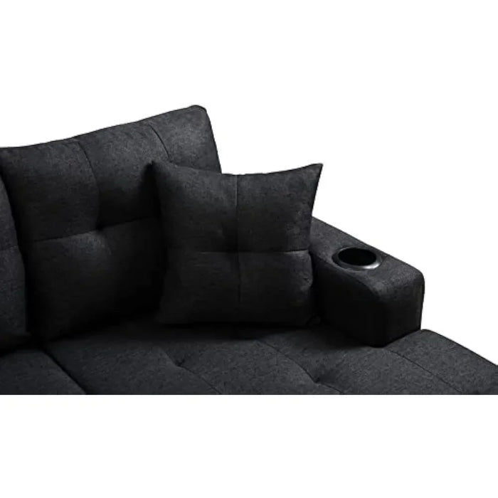 L-shaped Upholstered Modular Sofa with Reversible Chaise Longue and 2 Cup Holders, Modern Furniture Stylish Design, Black