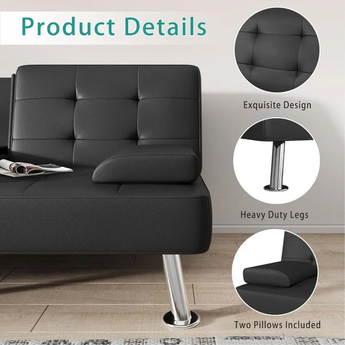 Futon Sofa Bed Modern Faux Leather Couch, Convertible Folding Futon Couch Recliner Lounge  with 2 Cup Holders with Armrest