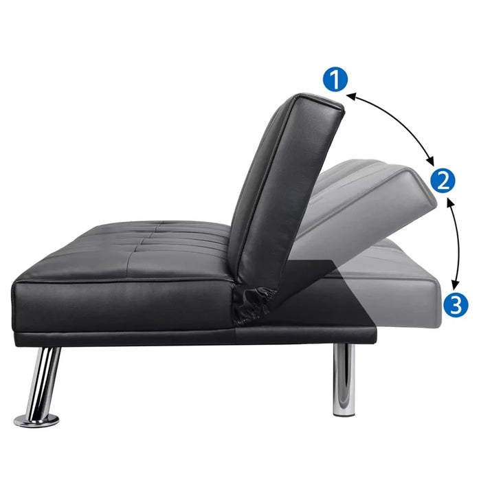 Modern Faux Leather Futon With Cupholders and Pillows Sofa Living Room Sofas Black Furniture Home Sofa