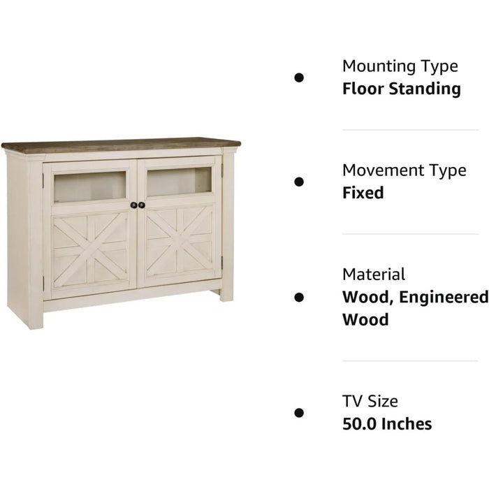 Farmhouse TV Stand Fits TVs up to 48", 2 Cabinet Doors and Adjustable Storage Shelves, Whitewash & Light Brown