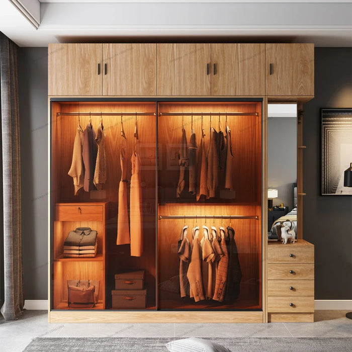 Sliding Door Wardrobe, Household Small Unit cCabinet, Light Luxury Glass Door, Overall Sliding Door Wardrobe
