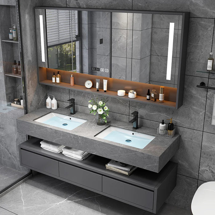 Light Luxury Bathroom Artificial Rock Panel Smart Solid Wood Bathroom Cabinet Set Bathroom Double Basin Bathroom Sink Cabinet