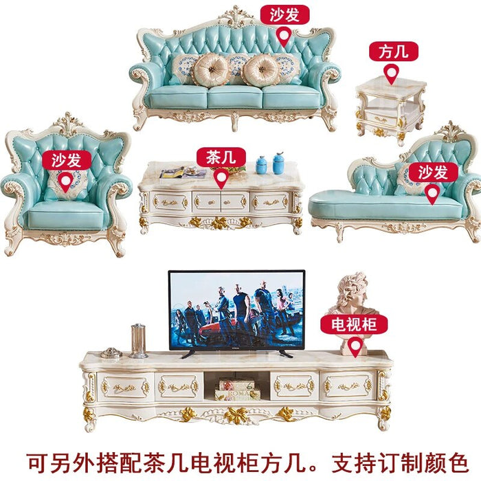 European Genuine Leather Sofa 123 Combination Living Room Luxury Solid Wood Carved Whole House Set Furniture Top Layer Cowhide
