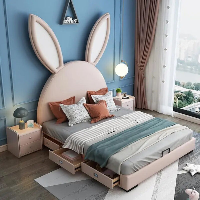 Cartoon Rabbit Children's Bed Girls Liked 1.2m 1.5m Simple Style Solid Wood Bedroom Bed For Kids Space -Saving Home Furniture