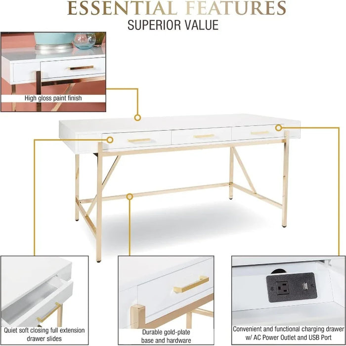 Broadway Modern Executive Desk with 3 Drawers and Charging Station, White Gloss Finish and Gold Frame