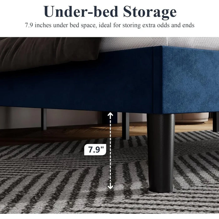 King size bed frame, velvet padded platform bed with adjustable diamond button tufting and nail head decoration headboard, bed