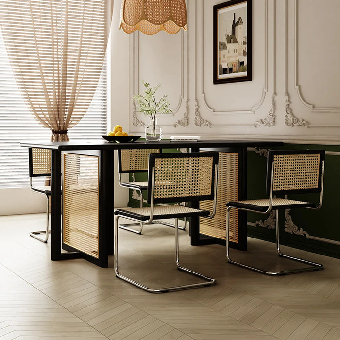 Nordic solid wood rattan dining table and chairs combined with modern simple retro French ash wood black dining table